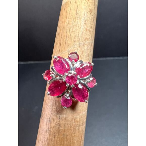 Vintage ruby flower cluster sterling silver ring size 7 - Picture 8 of 16
